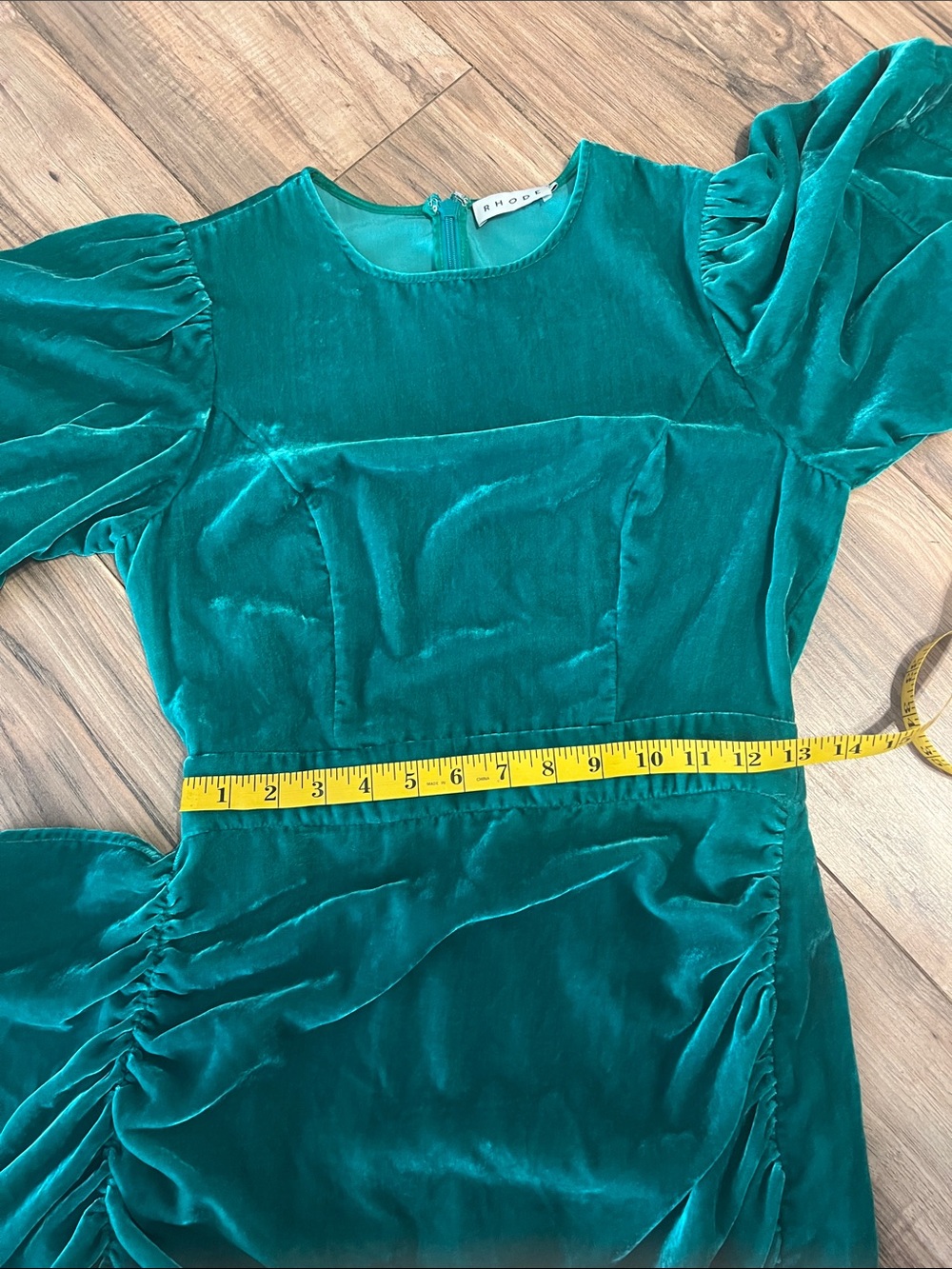 Rhode Pia Ruched Ruffled Velvet Mini Dress In Emerald Size 4 - Picture 9 of 10